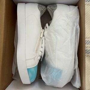 NIB—-Kids' White and Silver Sneakers with Blue Accents